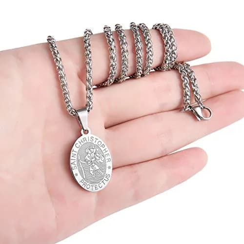 P. BLAKE Saint Christopher Medal Necklace for Men, Silver Stainless Steel Pendant Chain | Religious Travel Protection Jewelry thumbnail 3
