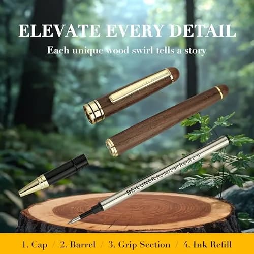 BEILUNER Walnut Wood Rollerball Pen Set | Vintage Handcrafted Writing Instrument for Professionals & Gift thumbnail 6