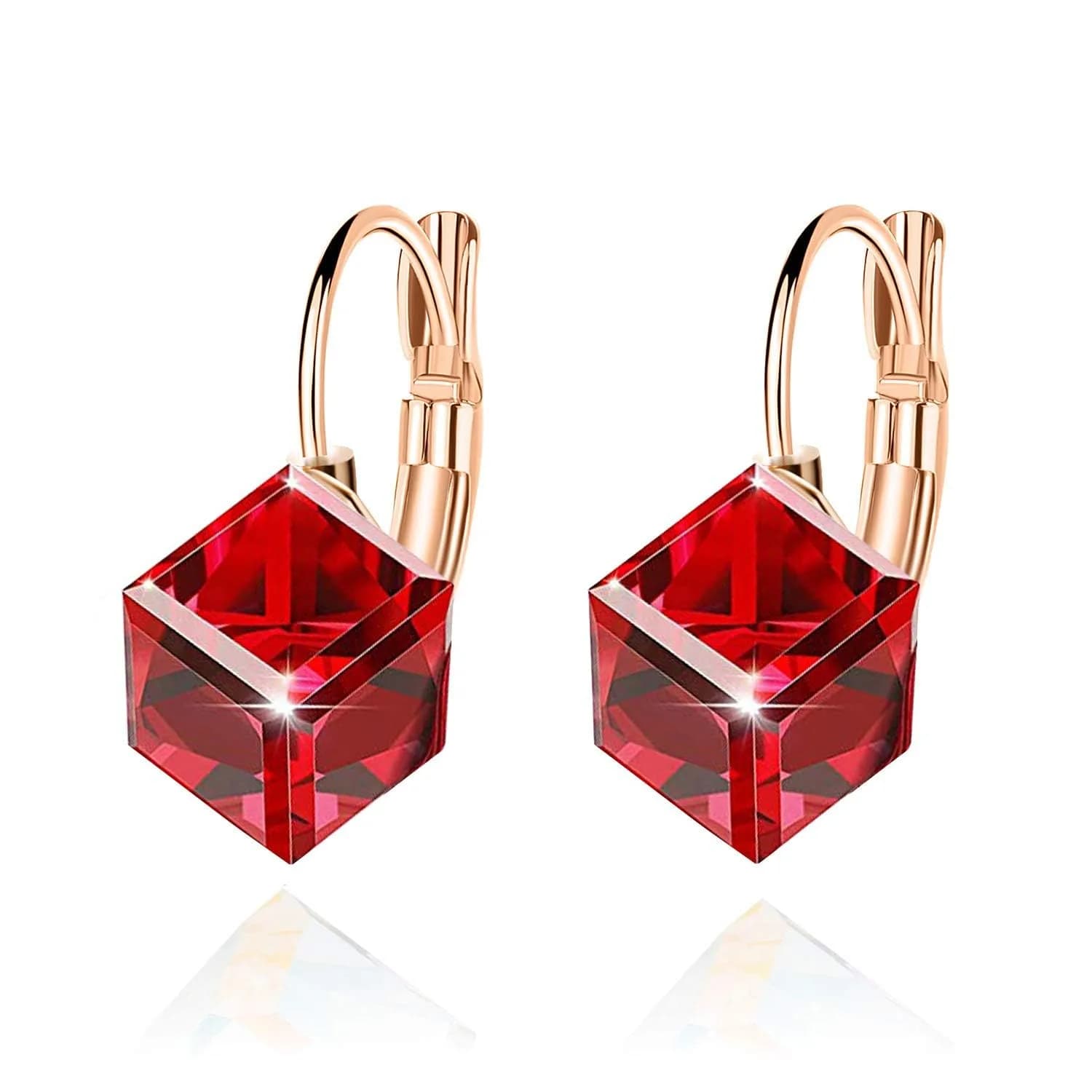 EVEVIC Austrian Crystal Cube Drop Leverback Earrings for Women 1.5 cm (0.6 inches) | Geometric Brilliance for Day-to-Night Glamour — Red