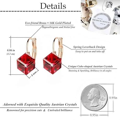 EVEVIC Austrian Crystal Cube Drop Leverback Earrings for Women | 14K Rose Gold Plated Hypoallergenic Jewelry thumbnail 4