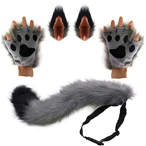 HAOAN Gray Apparel Costume Set for Women & Men | Animal Tail & Ears, Gloves, Adjustable Fit thumbnail 1