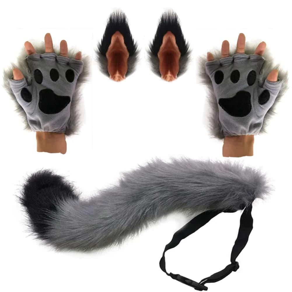 HAOAN Gray Apparel Costume Set for Women & Men | Animal Tail & Ears, Gloves, Adjustable Fit