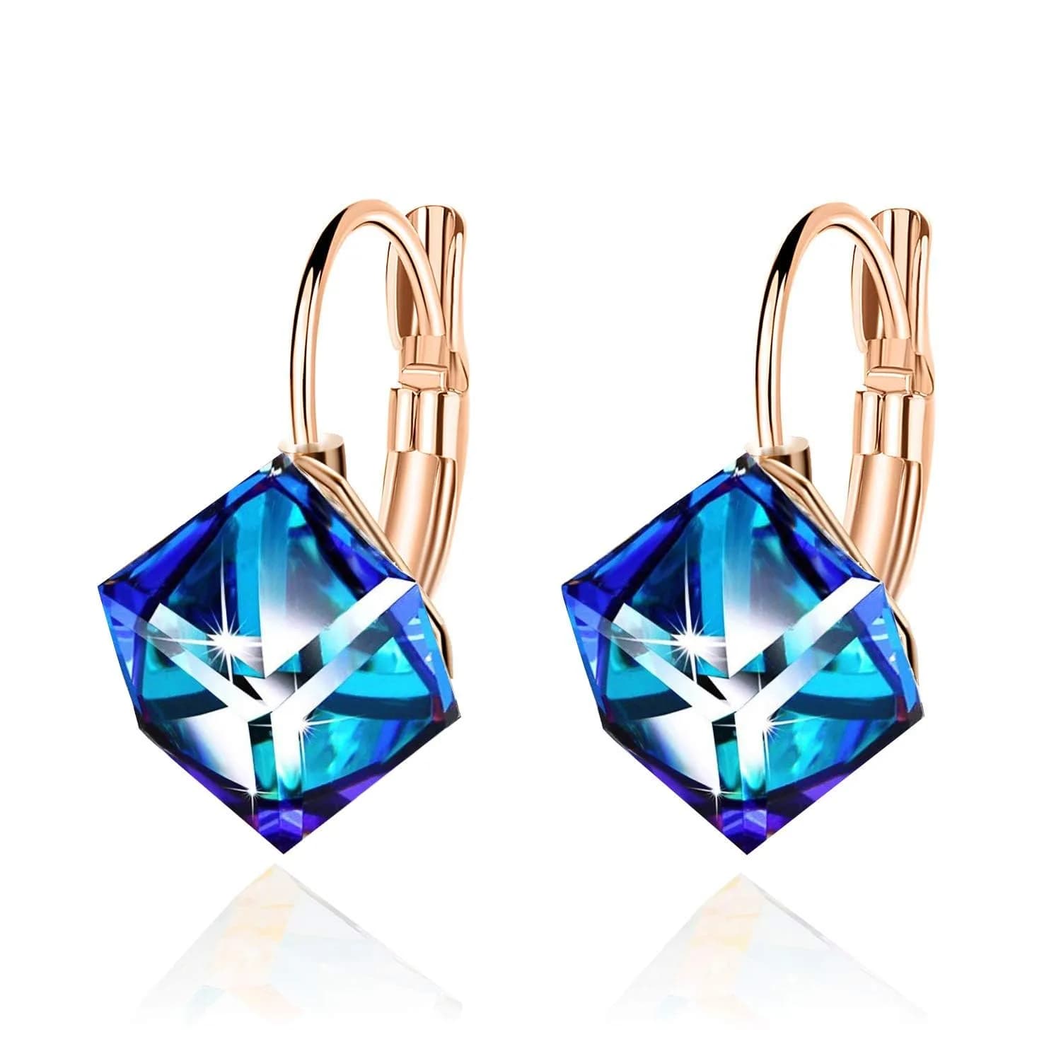 EVEVIC Austrian Crystal Cube Drop Leverback Earrings for Women | 2.29cm (0.9 in) x 1.52cm (0.6 in) Blue Crystal - main product image