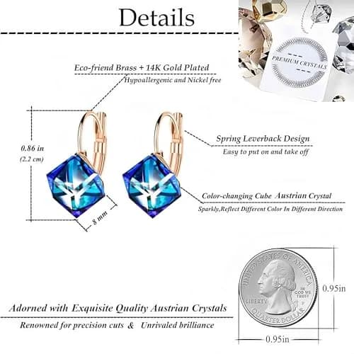 EVEVIC Austrian Crystal Cube Drop Leverback Earrings for Women | 2.29cm (0.9 in) x 1.52cm (0.6 in) Blue Crystal thumbnail 4