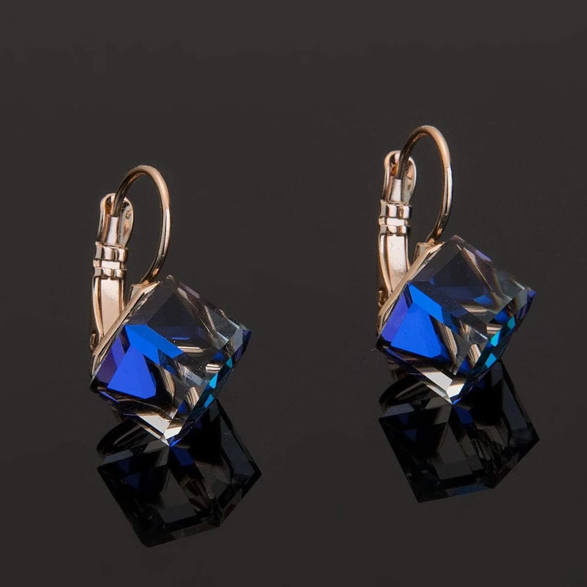 EVEVIC Austrian Crystal Cube Drop Leverback Earrings for Women | 2.29cm (0.9 in) x 1.52cm (0.6 in) Blue Crystal - view 5