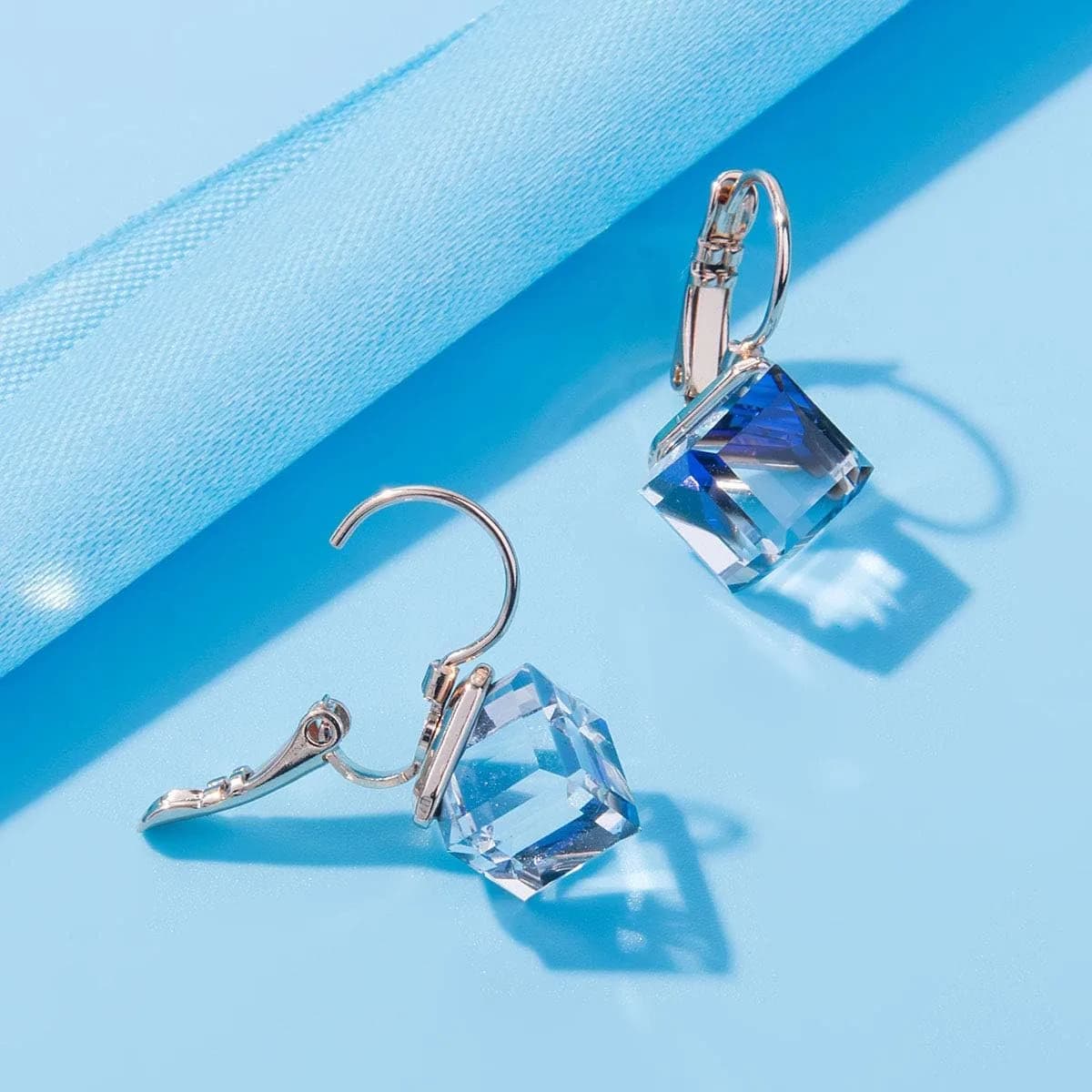 EVEVIC Austrian Crystal Cube Drop Leverback Earrings for Women | 2.29cm (0.9 in) x 1.52cm (0.6 in) Blue Crystal - view 6
