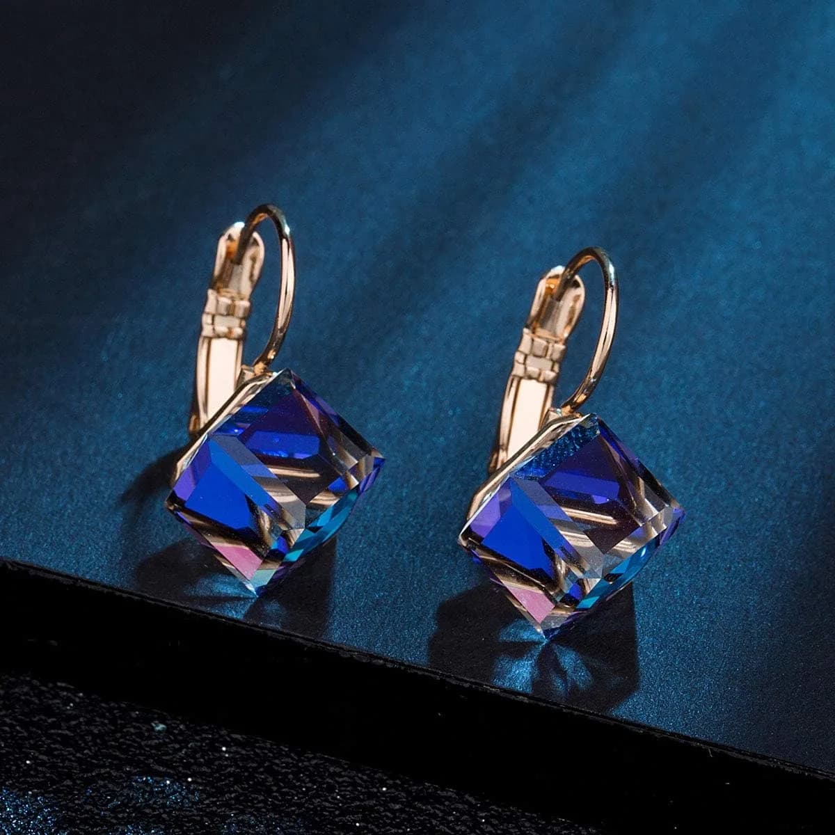 EVEVIC Austrian Crystal Cube Drop Leverback Earrings for Women | 2.29cm (0.9 in) x 1.52cm (0.6 in) Blue Crystal - view 3
