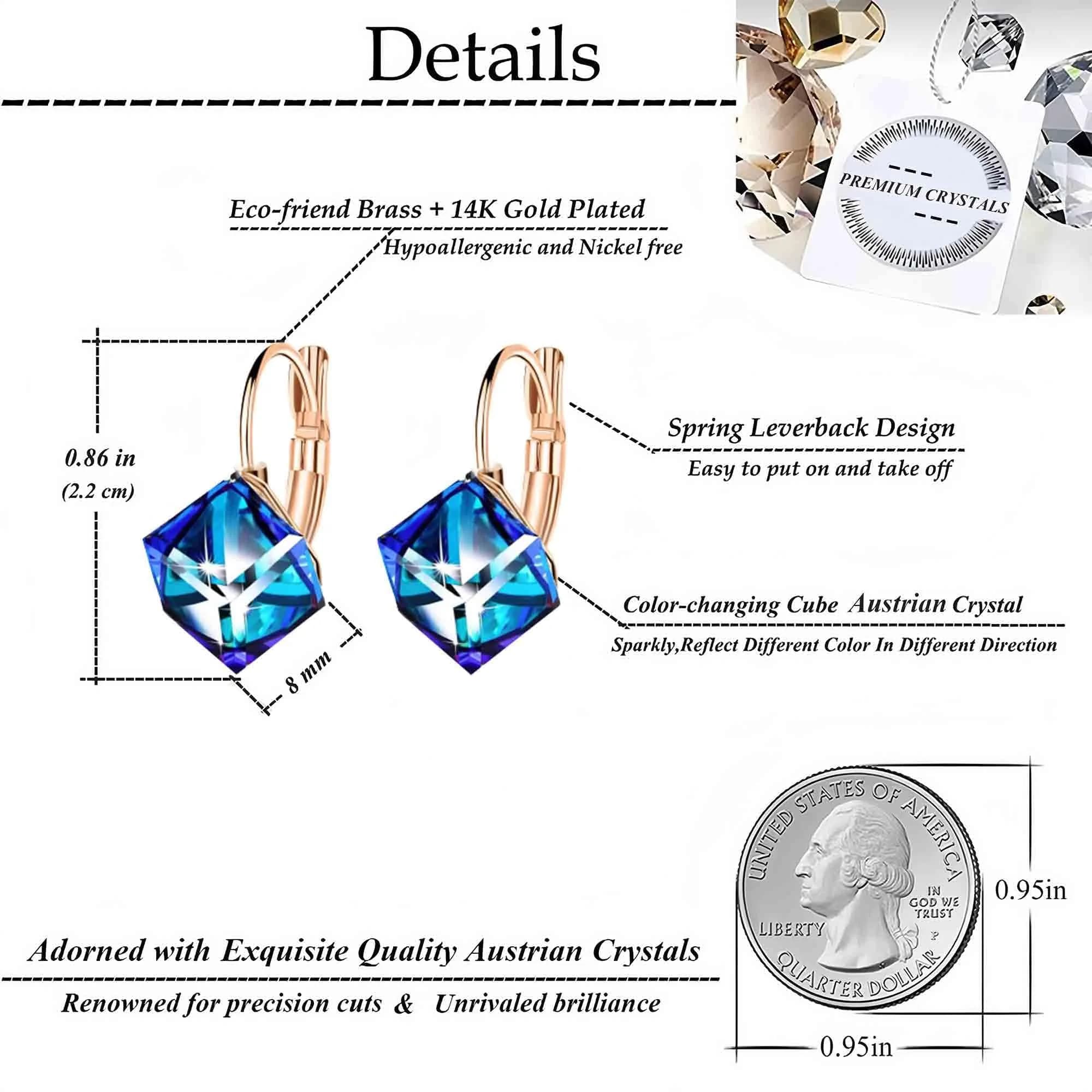 EVEVIC Austrian Crystal Cube Drop Leverback Earrings for Women | 2.29cm (0.9 in) x 1.52cm (0.6 in) Blue Crystal - view 4