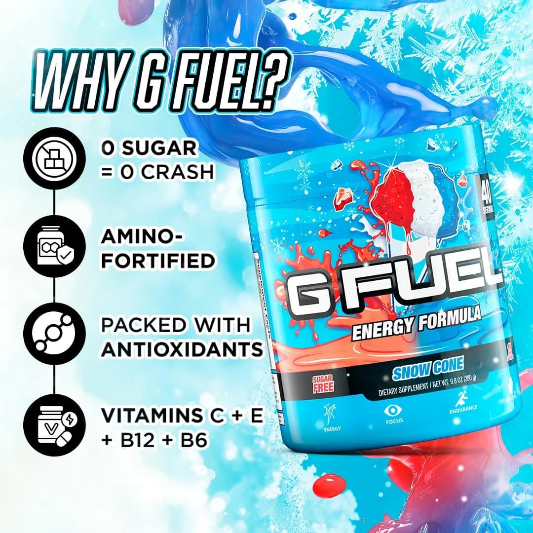 G Fuel Snow Cone Energy Drink Powder 9.9oz | Sugar-Free Focus & Antioxidants thumbnail 4