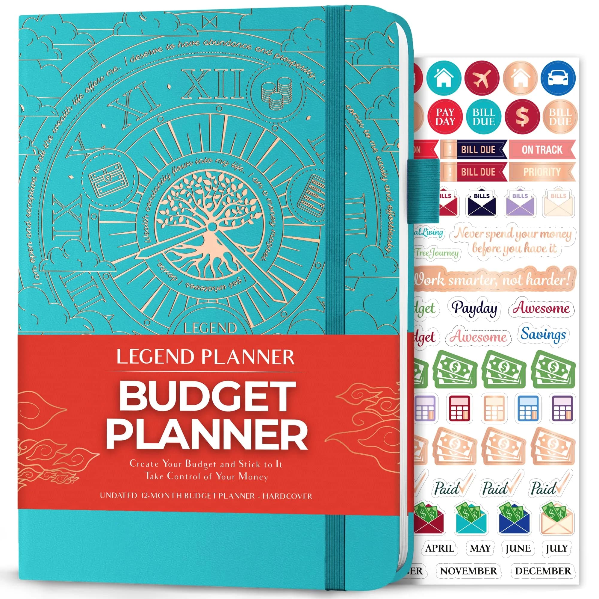 Legend Budget Planner Undated Monthly Budgeting & Bill Book Turquoise A5 (13.97cm x 21.08cm) — Turquoise - Gold foil