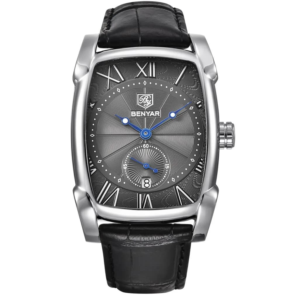 BENYAR Classic Rectangle Vintage Design Watch for Men | 41.7mm Case, Genuine Leather Strap, 30M Water Resistance — 5114 Black