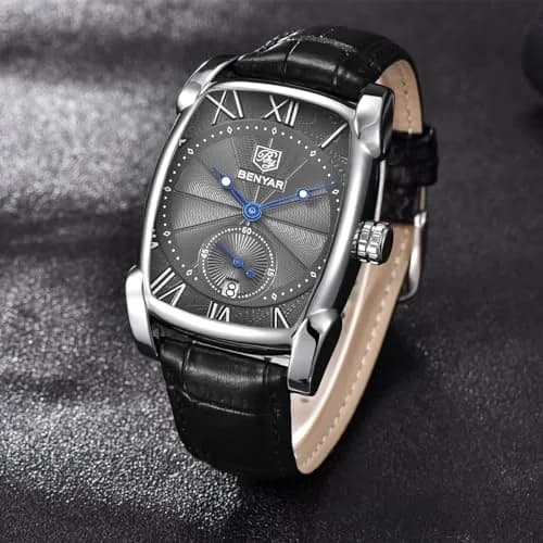 BENYAR Classic Rectangle Vintage Design Watch for Men | 41.7mm Case, Genuine Leather Strap, 30M Water Resistance thumbnail 4