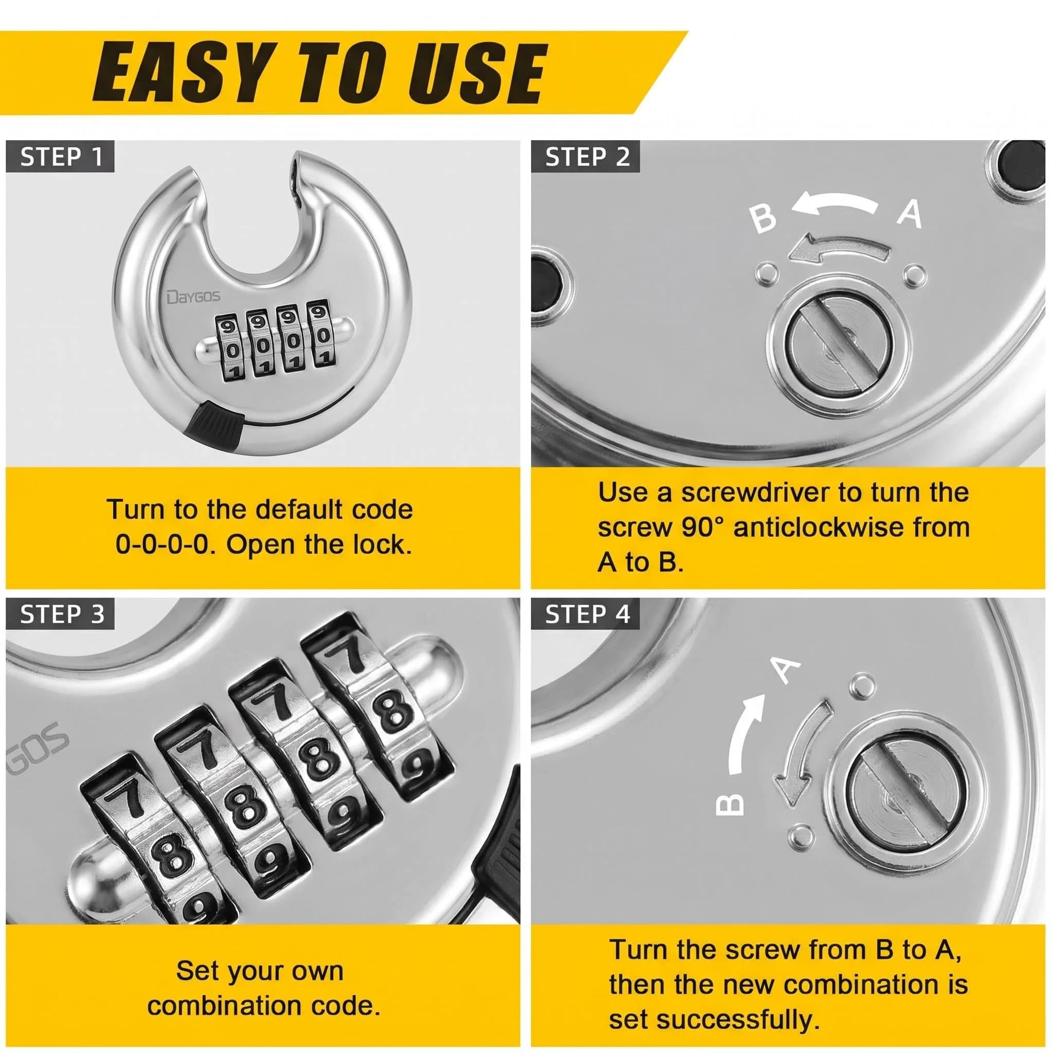 DAYGOS 4 Digit Combination Disc Padlock with Hardened Steel Shackle, 70mm Body, 10mm Shackle Diameter | Resettable Keyless Security for Sheds, Gates, Storage Units - view 6