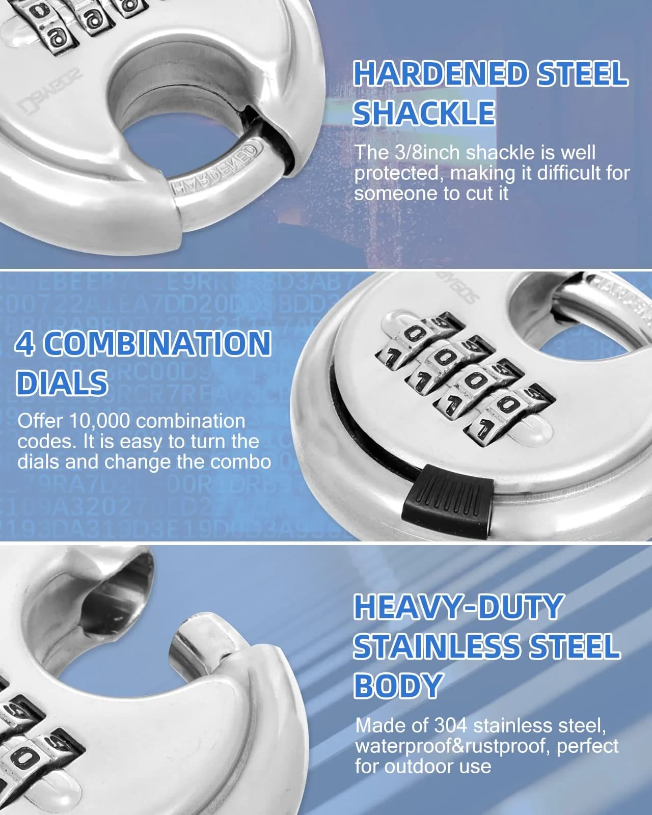 DAYGOS 4 Digit Combination Disc Padlock with Hardened Steel Shackle, 70mm Body, 10mm Shackle Diameter | Resettable Keyless Security for Sheds, Gates, Storage Units - view 7