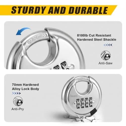 DAYGOS 4 Digit Combination Disc Padlock with Hardened Steel Shackle, 70mm Body, 10mm Shackle Diameter | Resettable Keyless Security for Sheds, Gates, Storage Units thumbnail 3