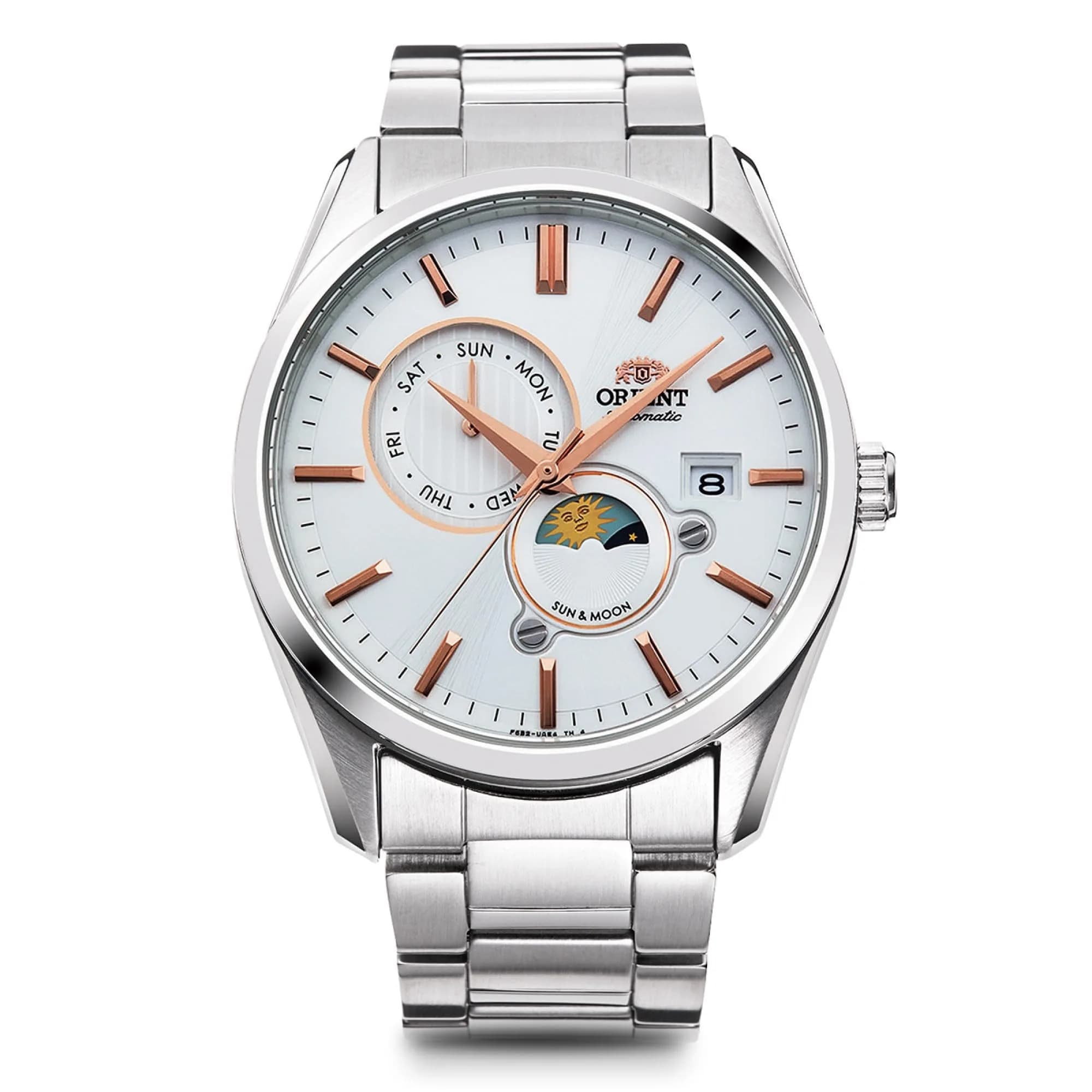 ORIENT Sun & Moon Automatic Watch, Mechanical, Contemporary, Men's, White, Silver | Sun & Moon Dial, Self-Winding