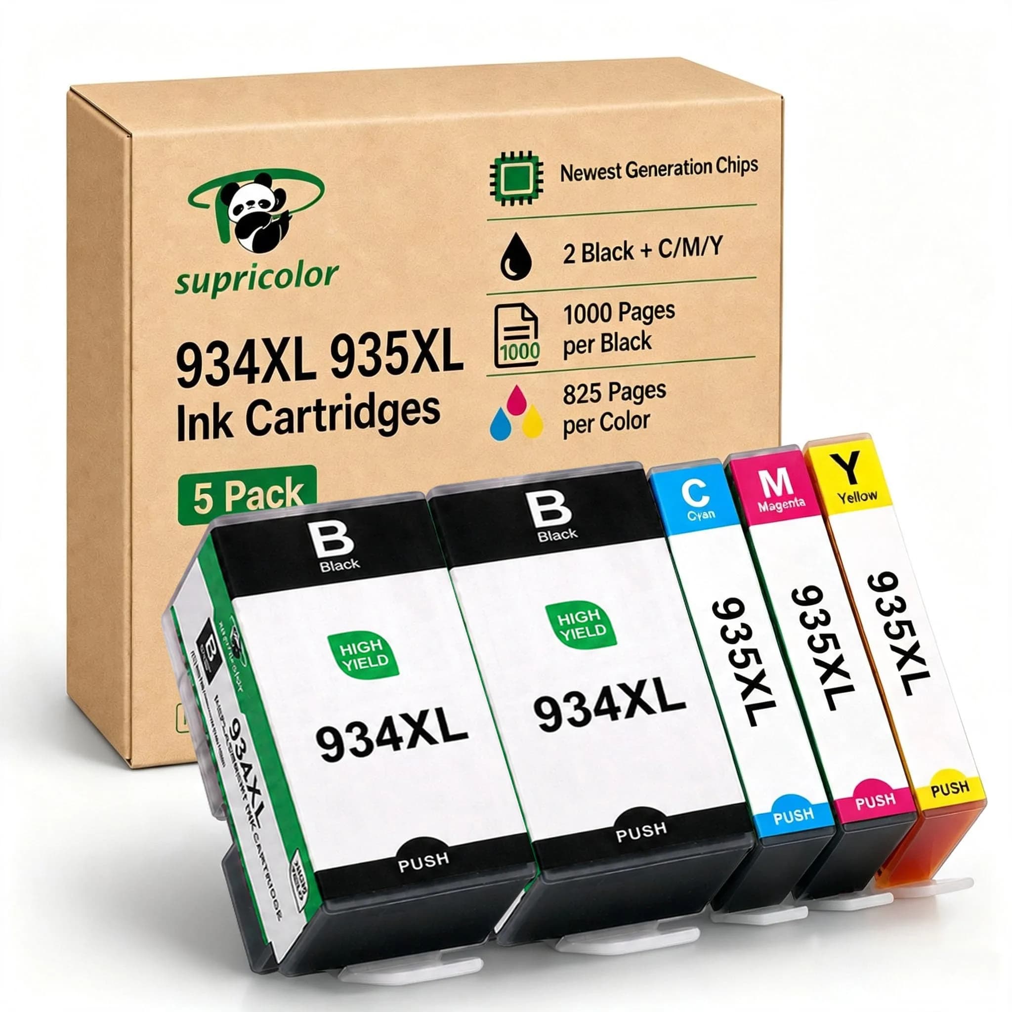 Supricolor 934XL 935XL Ink Cartridges 5 Pack (2 Black, 1 Cyan, 1 Magenta, 1 Yellow) | High Yield Replacement for HP OfficeJet Pro Printers — 2black,1yellow,1cyan,1Magenta