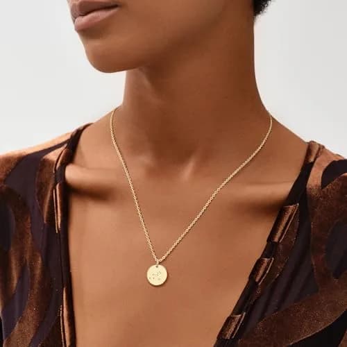 MEVECCO Cancer Engraved Zodiac Disc Necklace for Women | Adjustable 19-21" Gold Plated Brass Pendant thumbnail 3