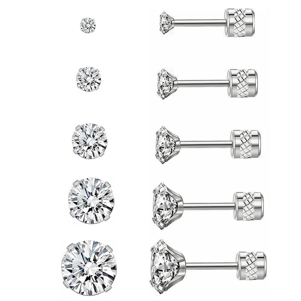 Comelyjewel 5 Pairs Stud Earrings Set 6mm | Hypoallergenic Stainless Steel CZ Studs