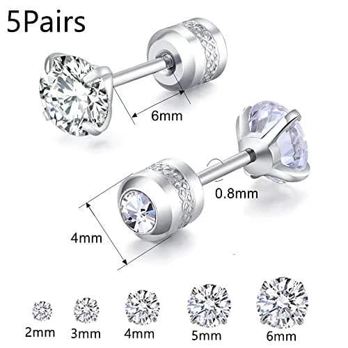Comelyjewel 5 Pairs Stud Earrings Set 6mm | Hypoallergenic Stainless Steel CZ Studs thumbnail 2