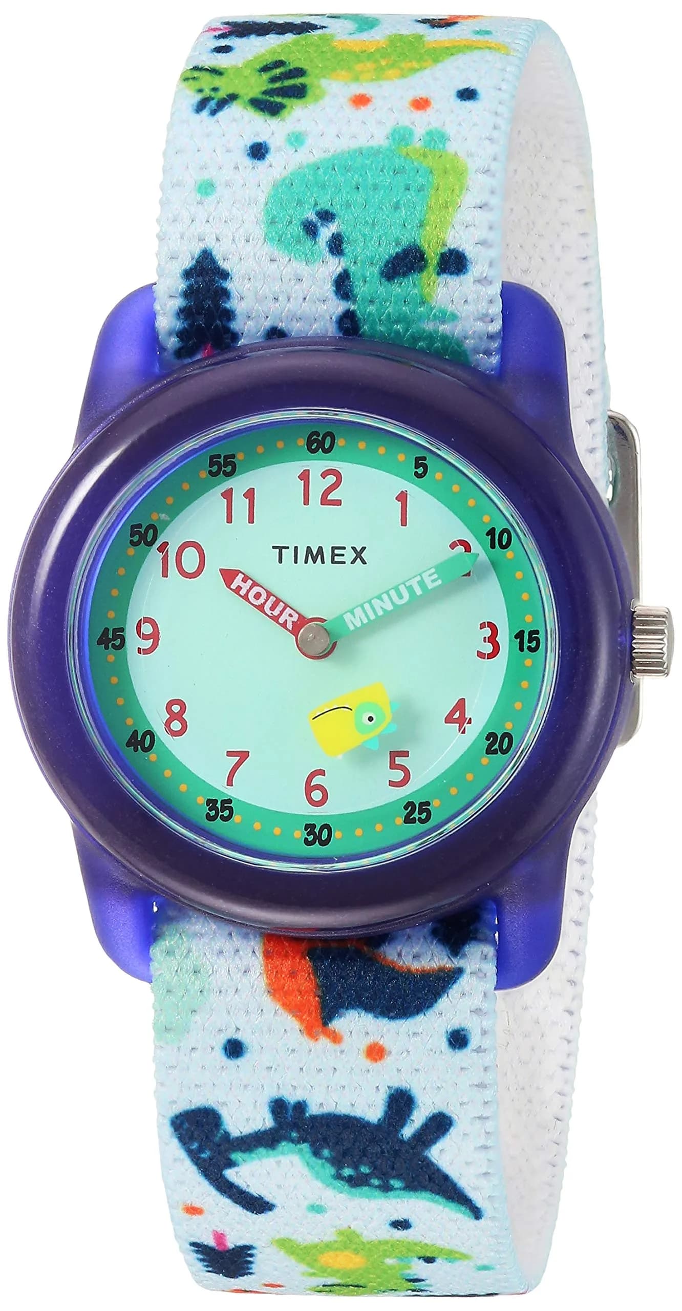 Timex Boys TW7C13500 Time Machines Blue Sharks Watch | Elastic Fabric Strap, Water Resistant — White/Dinosaurs