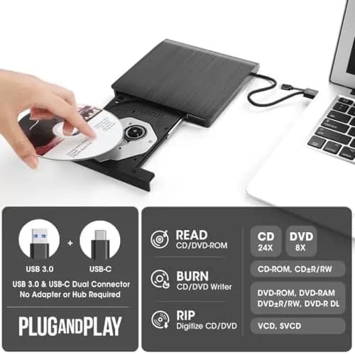 ROOFULL External CD DVD Drive with Case, USB 3.0 Type-C, 15.6cm (5.5in) | Reads & Writes CDs/DVDs thumbnail 2