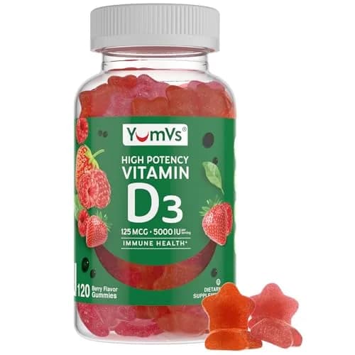 YUM-V'S Vitamin D3 Gummies 120 Count | 5000 IU Berry Vegetarian Supplement with Immune & Bone Support thumbnail 1