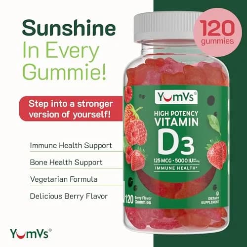 YUM-V'S Vitamin D3 Gummies 120 Count | 5000 IU Berry Vegetarian Supplement with Immune & Bone Support thumbnail 2