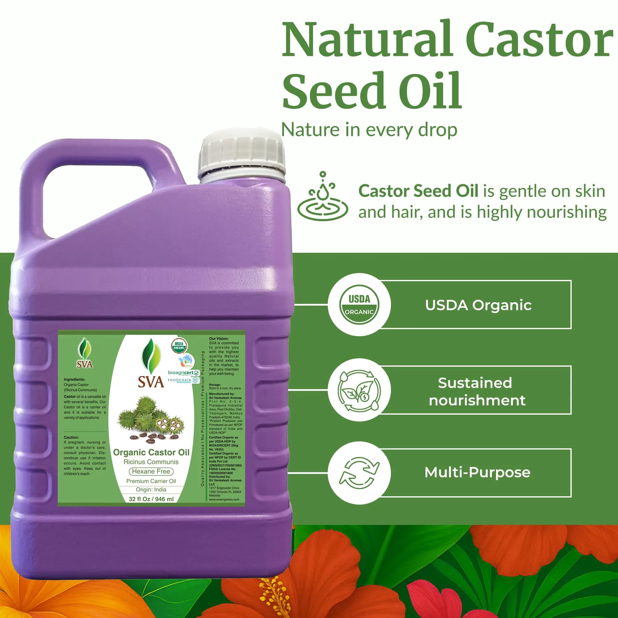 SVA Organics Castor Seed Carrier Oil, 32 Ounce (Pack of 1) - view 2