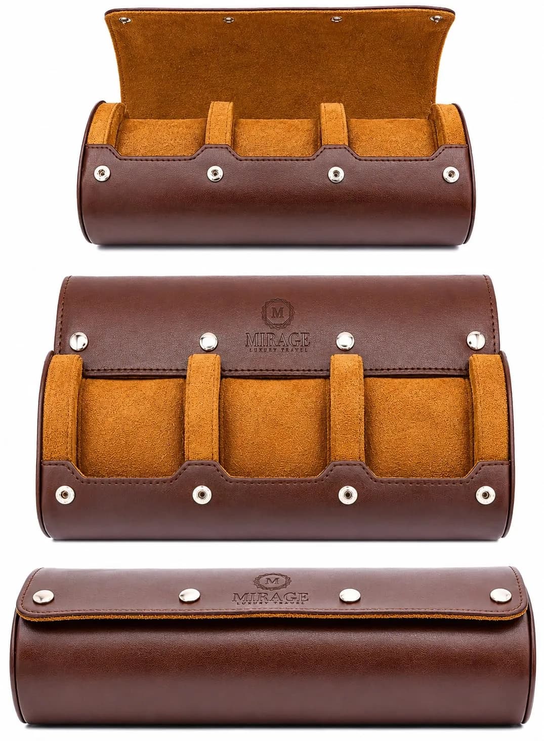 M Mirage Luxury Travel 3-Slot Watch Roll Case for Travel & Display | Espresso Brown Vegan Leather - main product image
