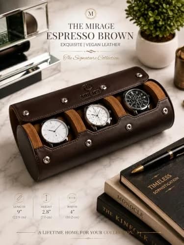 M Mirage Luxury Travel 3-Slot Watch Roll Case for Travel & Display | Espresso Brown Vegan Leather thumbnail 2