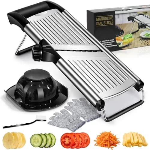MASTERTOP Adjustable Mandoline Food Slicer, Stainless Steel Vegetable Cutter with 5 Blades | Safe Kitchen Tool for Salads & Chips thumbnail 1