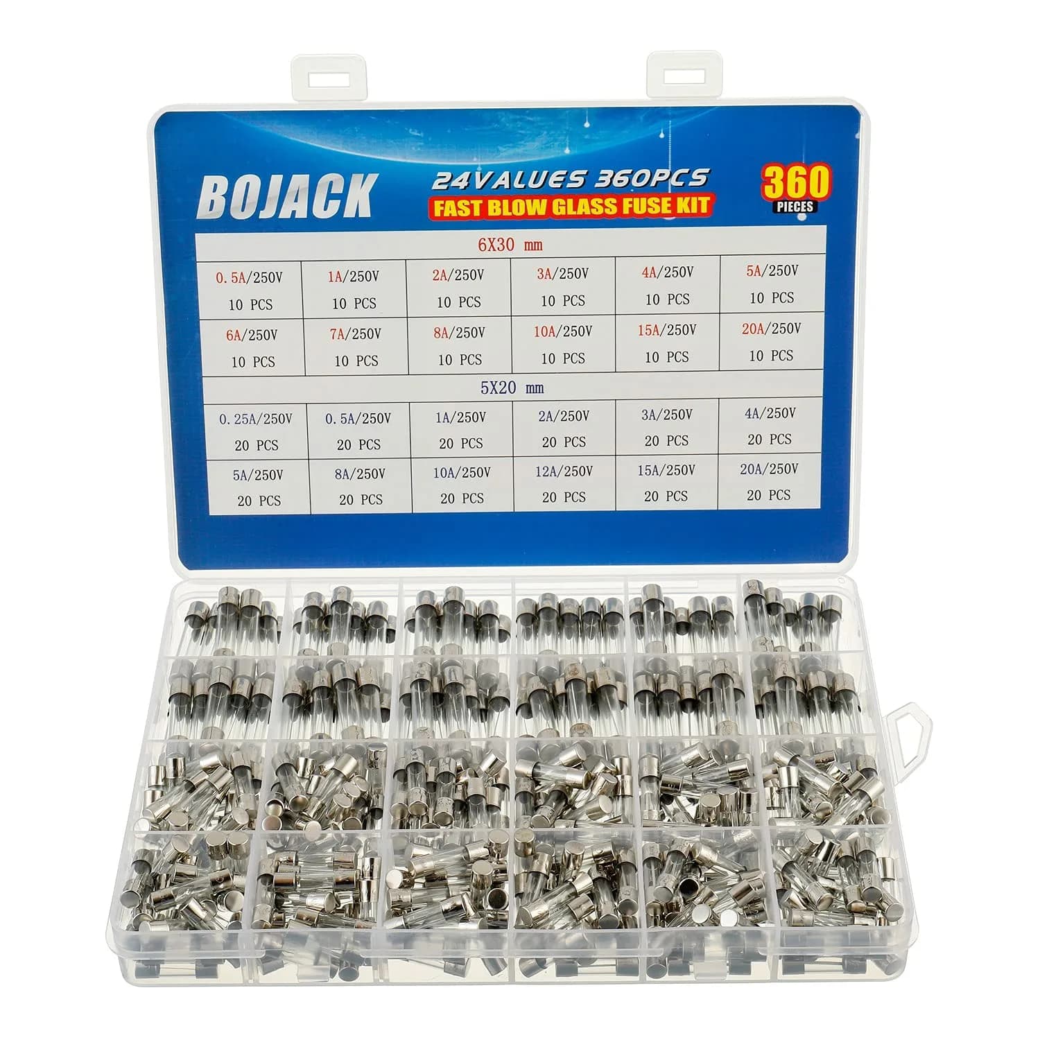 BOJACK Fast-Blow Glass Fuse Assortment Kit 360 pcs (5x20mm & 6x30mm) | 250V Cartridge Fuses