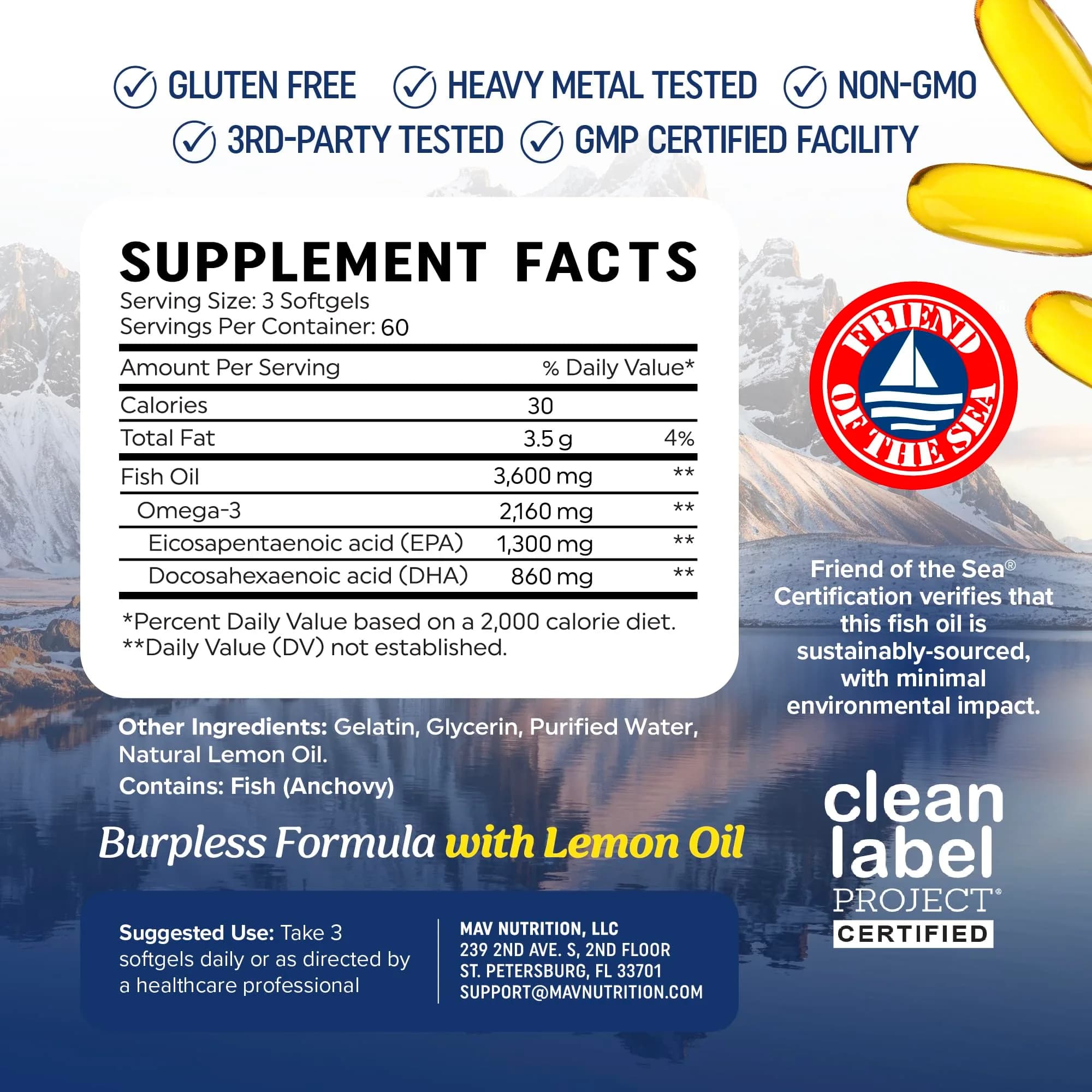 MAV NUTRITION Triple Strength Omega 3 Fish Oil 3600 mg, EPA & DHA, 2100mg Omega-3, 180 Softgels | Doctor-Formulated for Heart & Brain Health - view 6