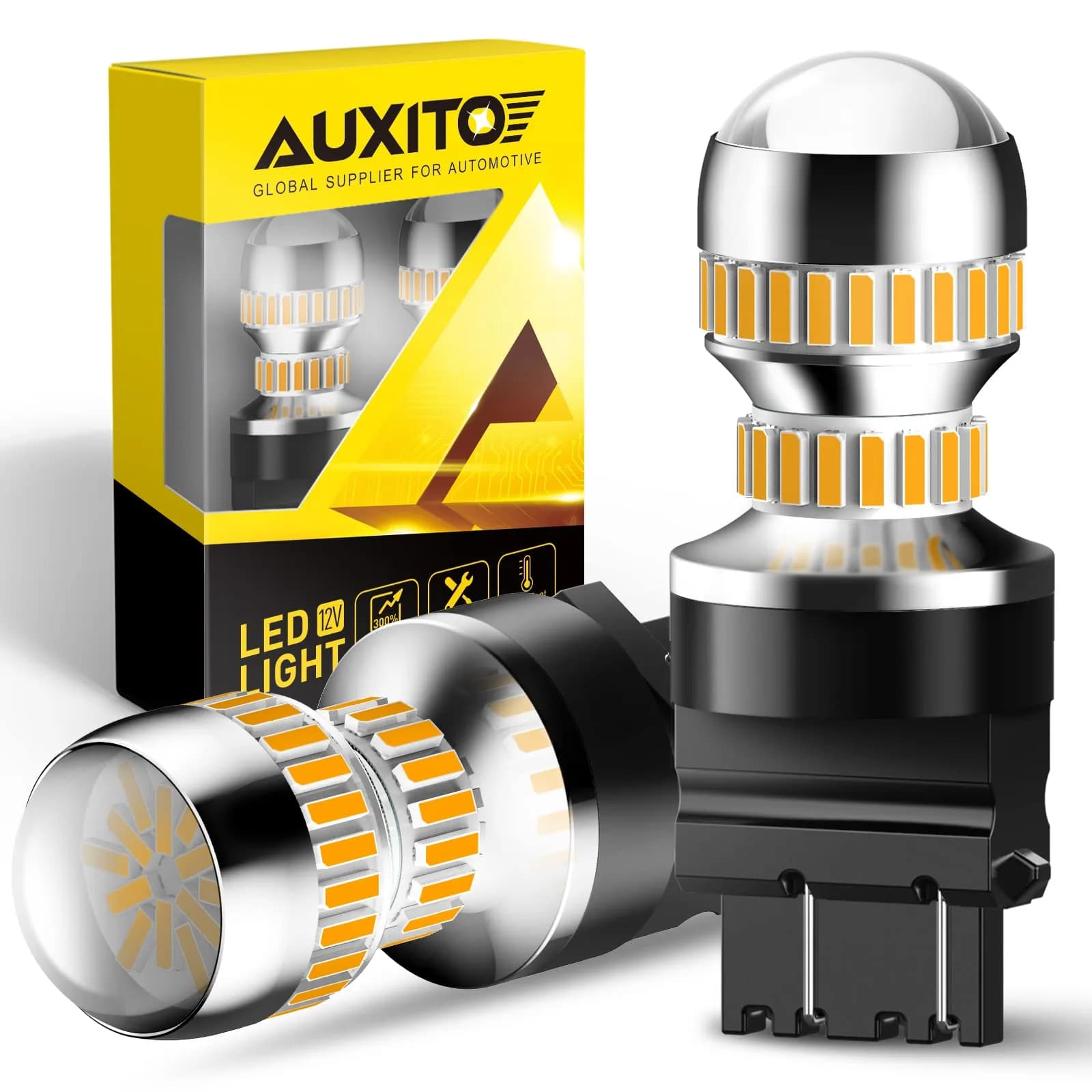 AUXITO 3157 LED Turn Signal Bulbs Amber Yellow 2-Pack | Brighter Than Stock Halogen for Front/Rear Blinker & DRL