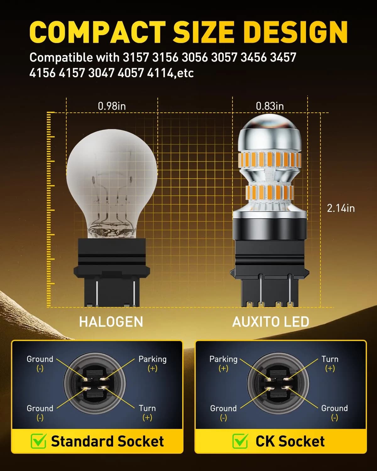 AUXITO 3157 LED Turn Signal Bulbs Amber Yellow 2-Pack | Brighter Than Stock Halogen for Front/Rear Blinker & DRL - view 6