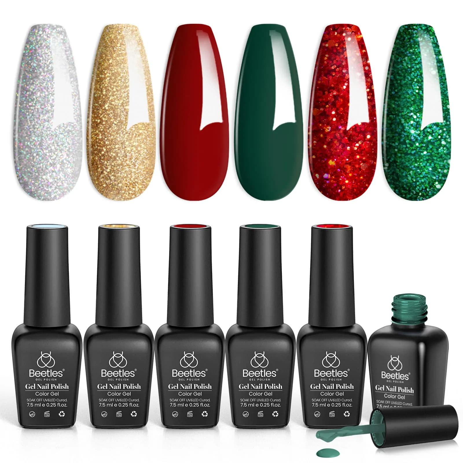Beetles Gel Nail Polish Set, 6 Colors Red Sparkle Green Glitter Gold Silver Gel | 10-Free, Long-Lasting, UV/LED Cured - main product image