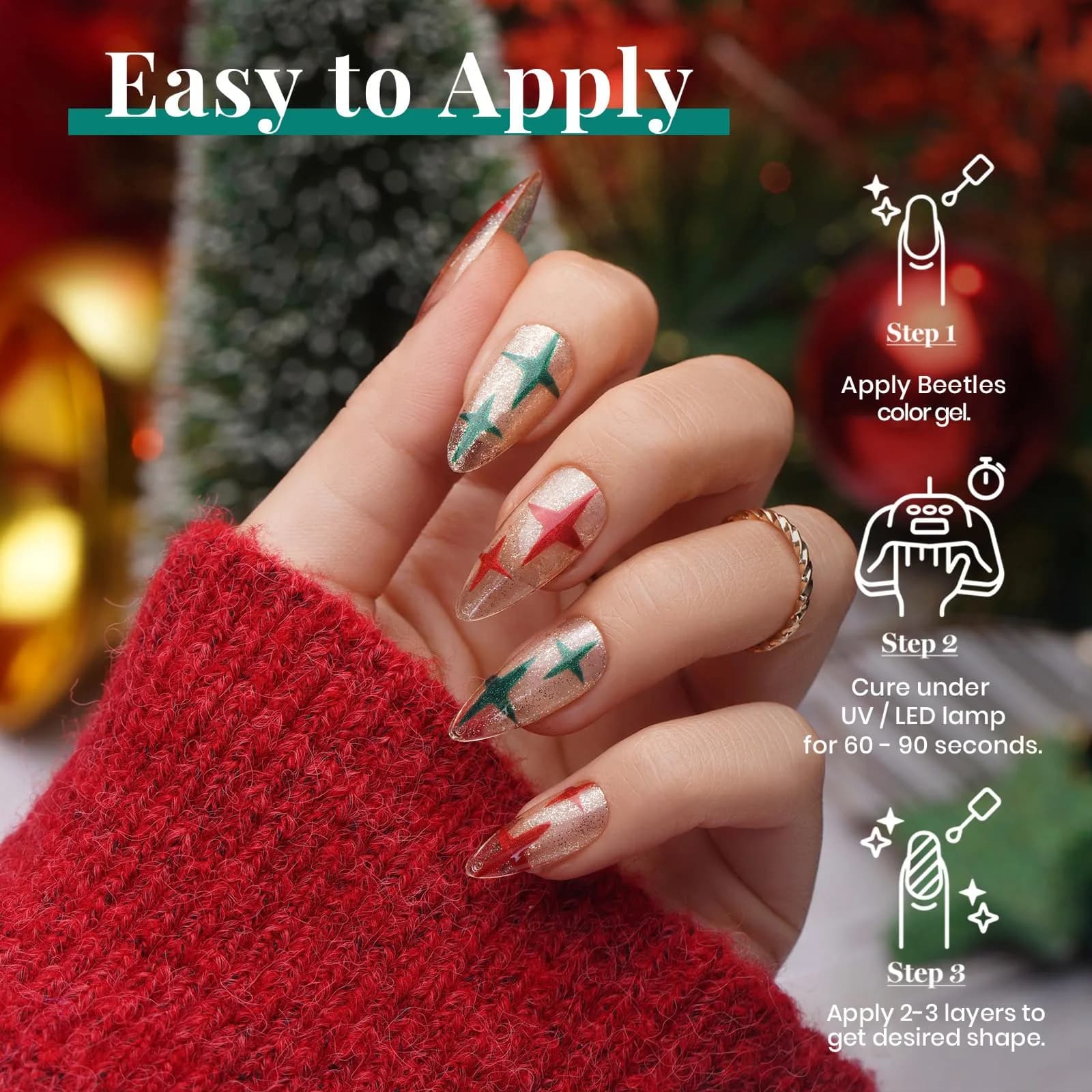 Beetles Gel Nail Polish Set, 6 Colors Red Sparkle Green Glitter Gold Silver Gel | 10-Free, Long-Lasting, UV/LED Cured - view 5