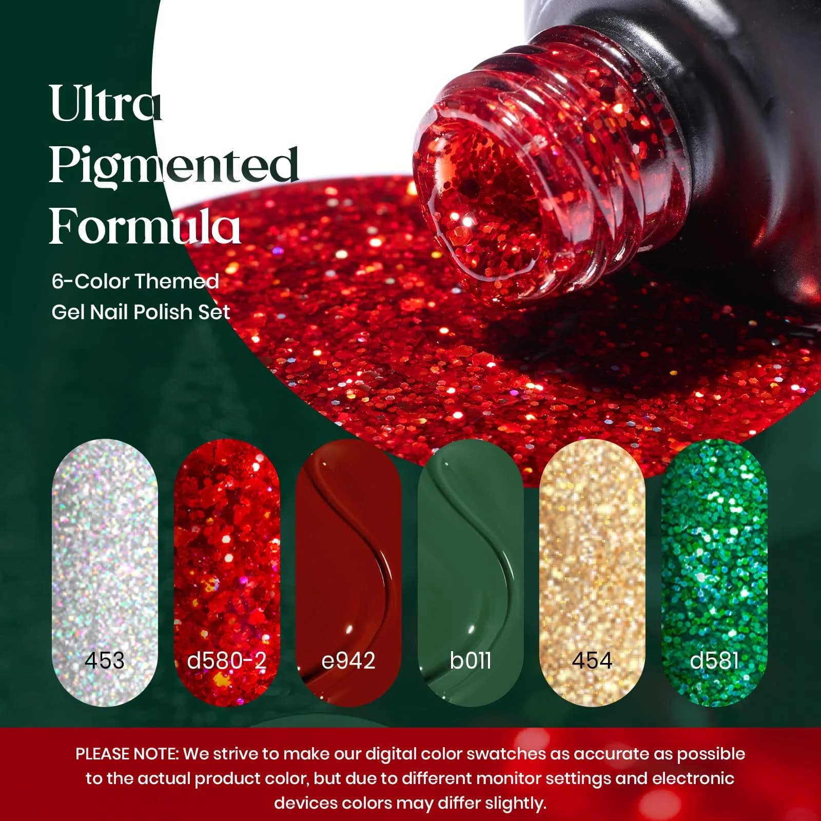 Beetles Gel Nail Polish Set, 6 Colors Red Sparkle Green Glitter Gold Silver Gel | 10-Free, Long-Lasting, UV/LED Cured - view 3