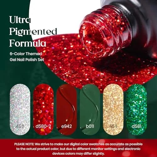 Beetles Gel Nail Polish Set, 6 Colors Red Sparkle Green Glitter Gold Silver Gel | 10-Free, Long-Lasting, UV/LED Cured thumbnail 3