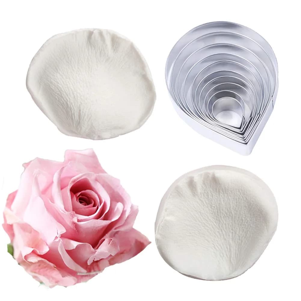 KALAIEN Rose Cutter Set & Petal Fondant Mold 12 Pcs | 2 Silicone Molds & 10 Stainless Steel Cutters for Cake Decorating — Rose Set(12pcs)