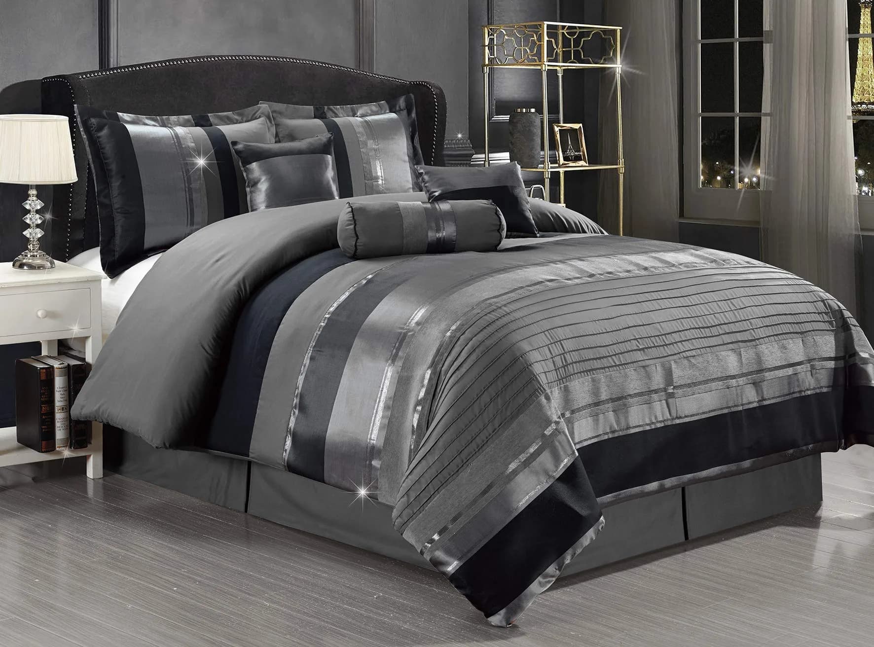 GrandLinen Queen Comforter Set 7-Piece | Grey/Gray Silver Stripe | Year-Round Polyester