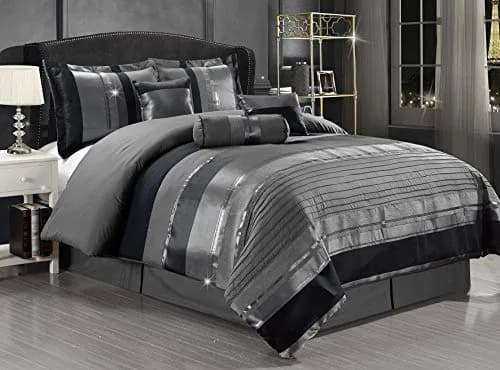 GrandLinen Queen Comforter Set 7-Piece | Grey/Gray Silver Stripe | Year-Round Polyester thumbnail 1