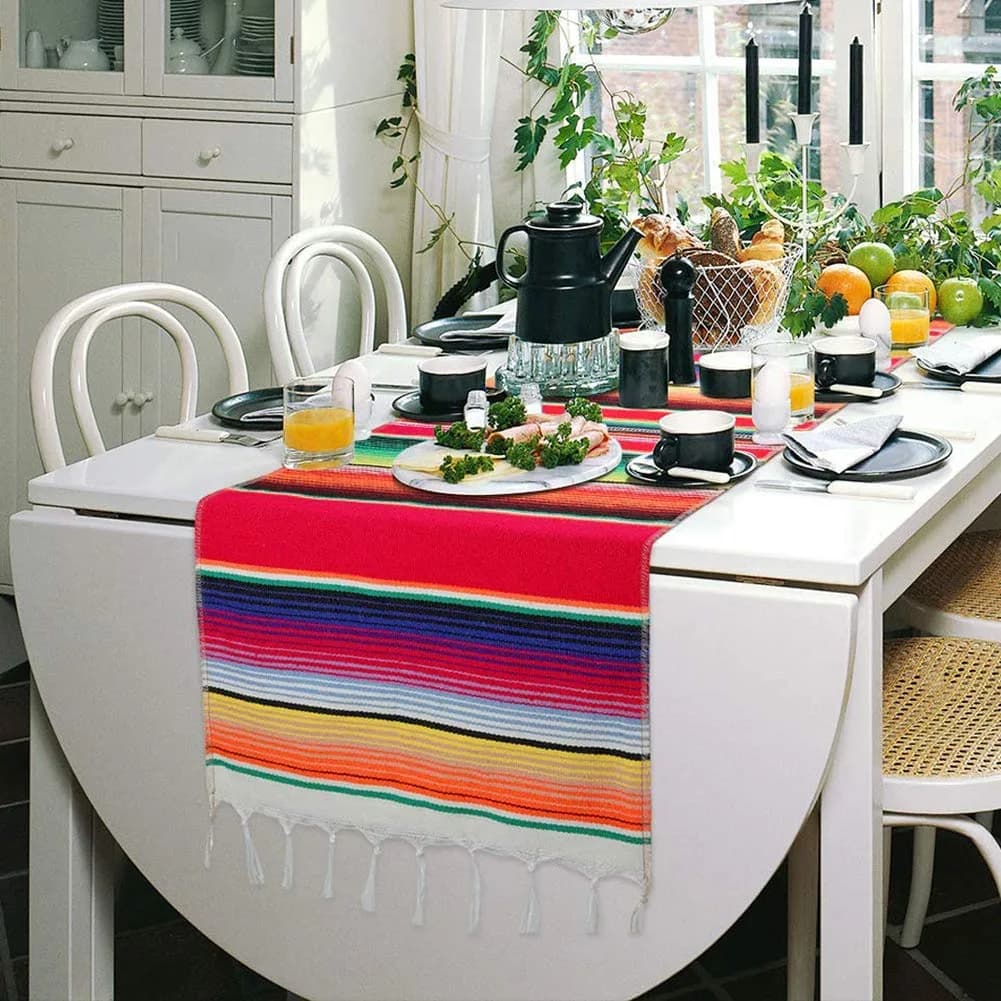 Hxezoc Mexican Serape Table Runner 35cm x 213cm (14" x 84") | Vivid Stripe Pattern for Festive Indian Tables - view 6