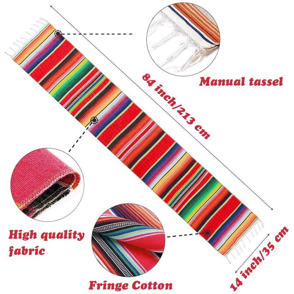 Hxezoc Red Mexican Serape Table Runner 14 x 84 Inch | Hand-Woven Cotton Fiesta Decor - view 2