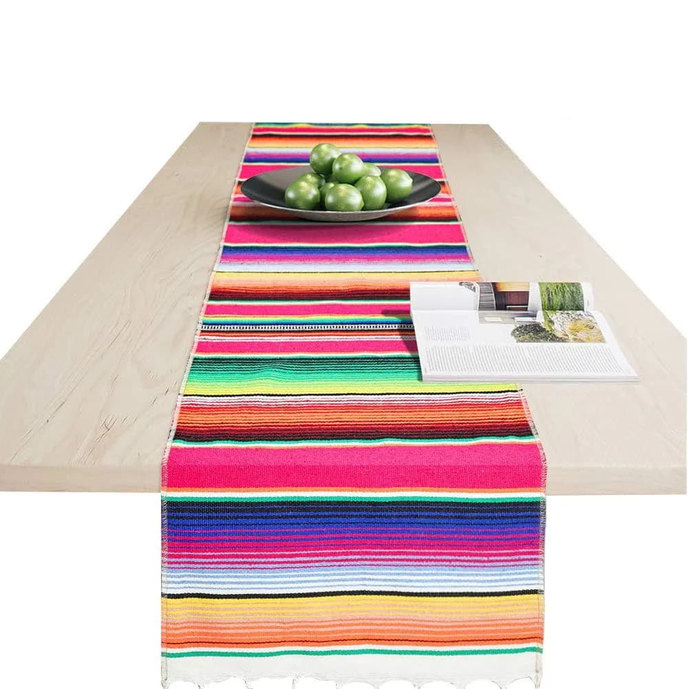 Hxezoc Red Mexican Serape Table Runner 14 x 84 Inch | Hand-Woven Cotton Fiesta Decor - view 3