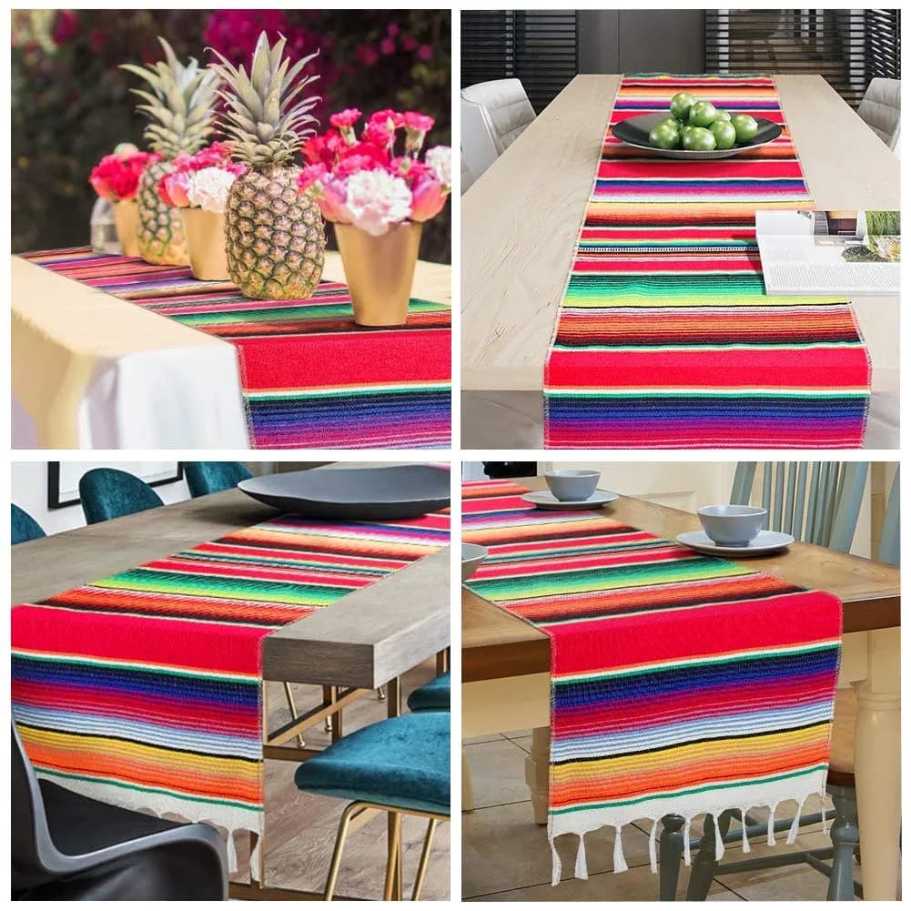 Hxezoc Red Mexican Serape Table Runner 14 x 84 Inch | Hand-Woven Cotton Fiesta Decor - view 4