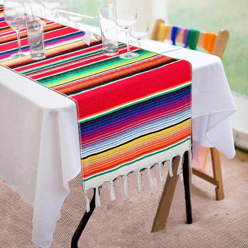 Hxezoc Mexican Serape Table Runner 53cm x 213cm (14 x 84 Inch) | Hand-Woven Cotton for Festive Decor — Red / 14 x 84 Inch