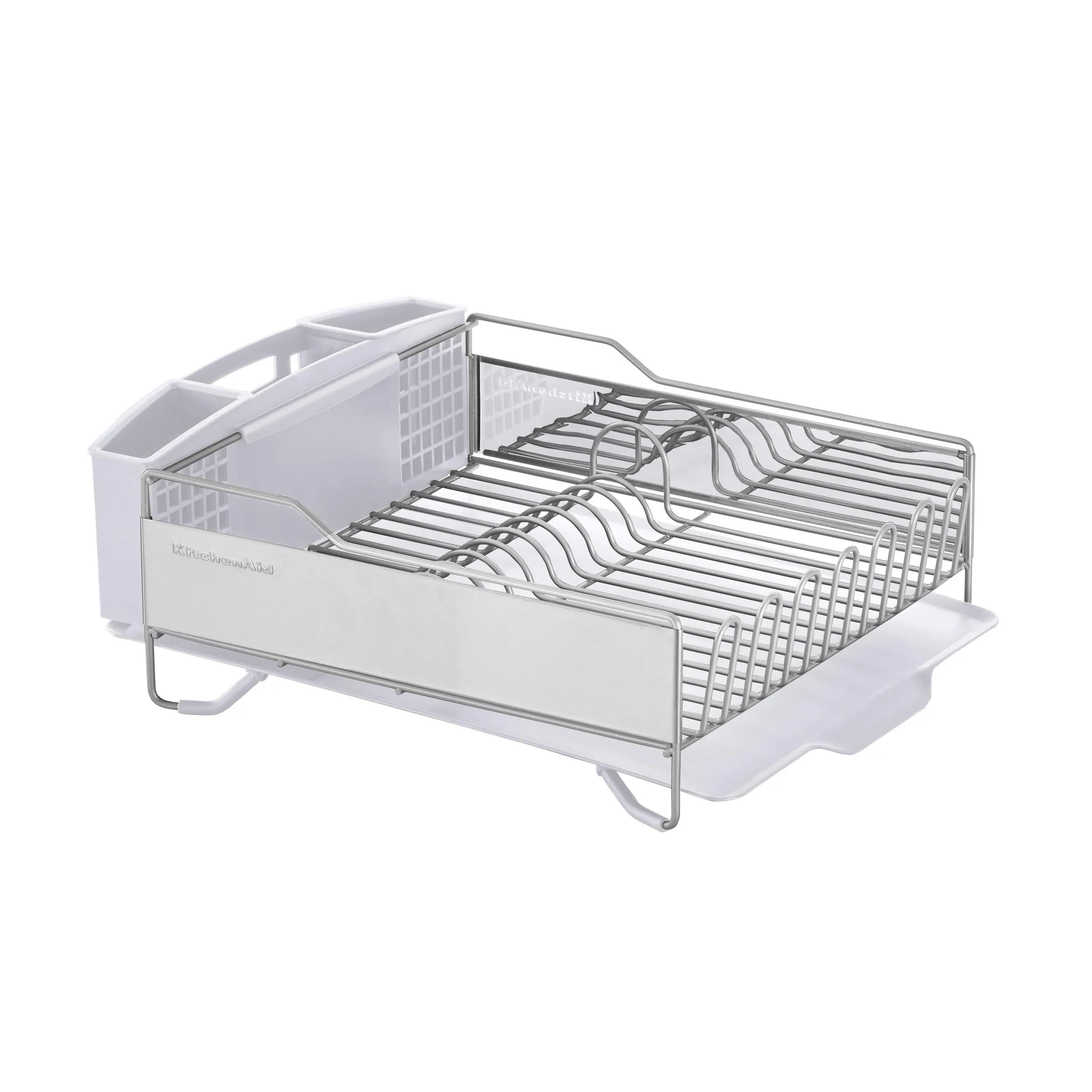 KitchenAid Large Capacity Full Size Rust Resistant Dish Rack with Angled Drain Board and Removable Flatware Caddy, Light Grey | 52.07 cm (20.47 in) Wide — White / Full Size