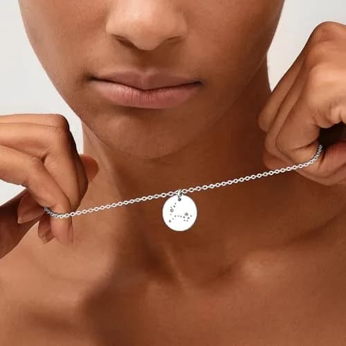MEVECCO Cancer Engraved Zodiac Disc Necklace for Women, Silver Tone | Adjustable 19-21" Chain, Celestial Style thumbnail 4